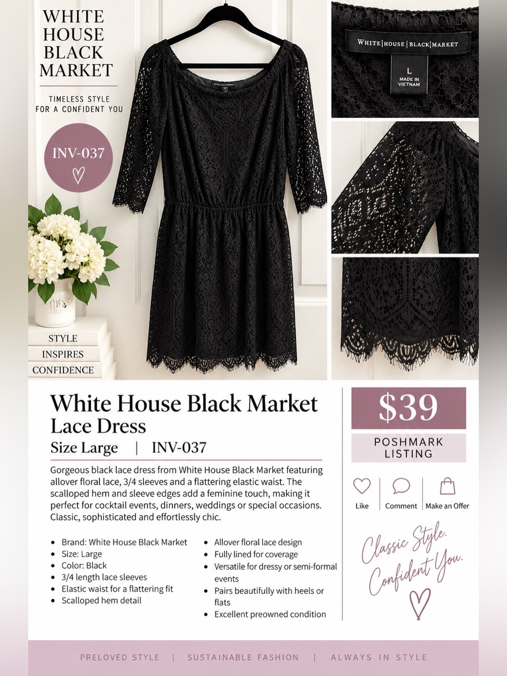 White House Black Market Black Lace 3/4 Sleeve Dress